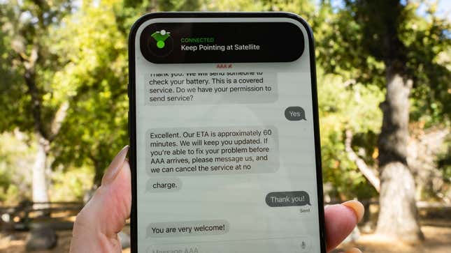 A photo of what it looks like to request roadside assistance via satellite on the iPhone 15 Pro 
