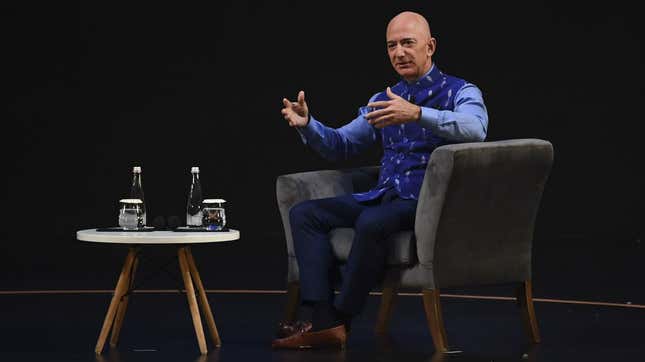 Amazon owner Jeff Bezos talks at a Smbhav event in New Delhi, India.