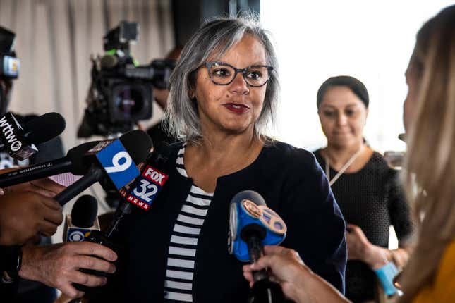 U.S. Rep. Robin Kelly speaks to reporters after a news conference on the Near West Side for elected officials to advocate for the Democratic National Committee to choose Chicago for its 2024 convention, Tuesday morning, July 26, 2022. 