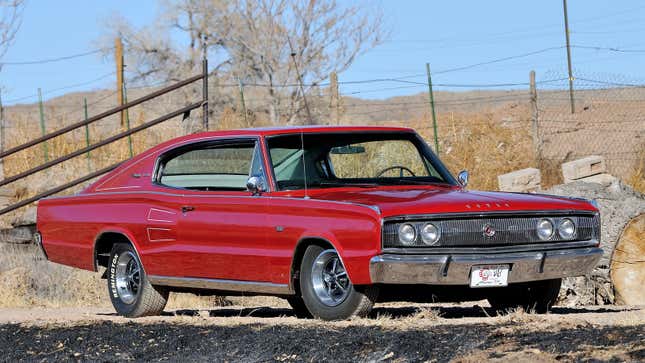 A photo of a red first-generation Dodge Charger. 