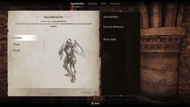 The class selection screen for the custom class in Oblivion Remastered.