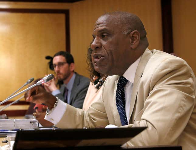 In this April 23, 2019 file photo, Democratic state State Sen. Steven Bradford, D-Compton, speaks during a hearing at the Capitol in Sacramento, Calif. On Wednesday, Sept. 8, 2021, California lawmakers sent Gov. Gavin Newsom Bradford’s bill, SB2, that would create a mandatory new state license, or certification, that could be revoked so bad law enforcement officers cannot simply move to another department. 