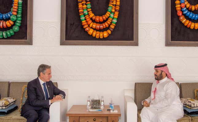 U.S. Secretary of State Antony Blinken meets with Saudi Crown Prince Mohammed Bin Salman in Riyadh, Saudi Arabia, October 15, 2023