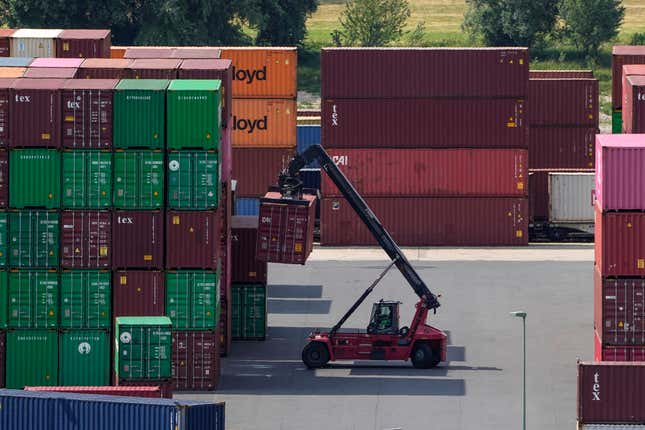 FILE -Containers are stored at the Rhein-Ruhr Terminal in Duisburg, Germany, Monday, June 26, 2023. Germany&#39;s economy is likely to shrink again slightly in the current fourth quarter, the country&#39;s central bank said Monday, while a survey showed business confidence in Europe&#39;s biggest economy retreating unexpectedly. (AP Photo/Martin Meissner, File)