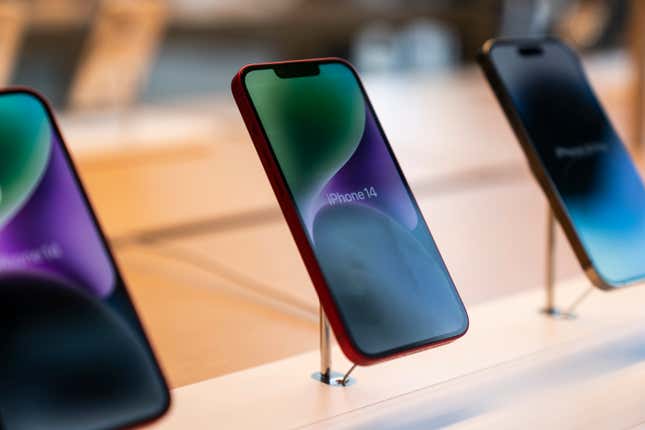 FILE - Apple iPhone 14 phones sit on display at an Apple Store at The Grove in Los Angeles, Sept. 16, 2022. Apple released a significant security update for iPhones and iPads Thursday, Sept. 7, 2023, to patch newly discovered security vulnerabilities in the devices’ system software. (AP Photo/Jae C. Hong, File)