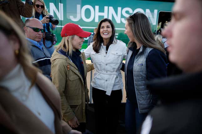 WAUKESHA, WISCONSIN - NOVEMBER 07: Former UN Ambassador Nikki Haley poses for photographs with supporters of Sen. Ron Johnson (R-WI) during a campaign rally at the Waukesha County Expo the day before Election Day on November 07, 2022, in Waukesha, Wisconsin. “America is not racist. America is blessed,” Haley said while supporting Johnson, whos running for re-election in a tight race against his Democratic challenger Lt. Gov. Mandela Barnes, in the U.S. midterm elections. 