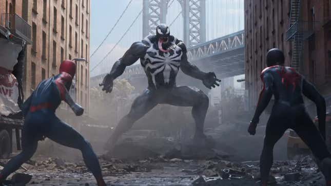 Marvel's Spider-Man 2 tanıtımında Spider-Man ve Spider-Man, Venom'a karşı.