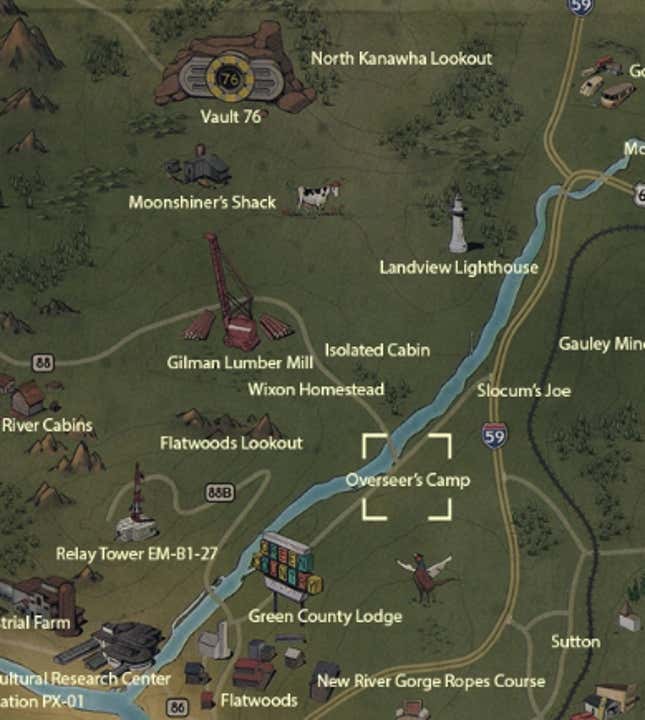 A screenshot of Fallout 76's map shows the location of the camp. 