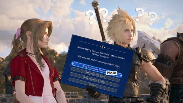 Cloud holds up a set of menu options with questionmarks over his head while Aerith looks at him.