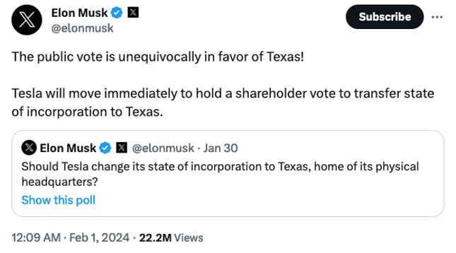 لقطة شاشة لقراءة تغريدة Elon Musk "التصويت العام لصالح ولاية تكساس بشكل لا لبس فيه!  ستتحرك شركة Tesla على الفور لإجراء تصويت المساهمين لنقل حالة التأسيس إلى تكساس."