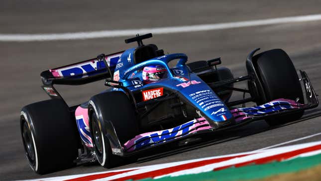 Fernando Alonso in the United States Grand Prix after his collision with Lance Stroll. Note his right-hand-side mirror.