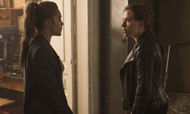 Yelena (Florence Pugh) and Black Widow/Natasha Romanoff (Scarlett Johansson) in Marvel Studios’ BLACK WIDOW, in theaters and on Disney+ with Premier Access. Photo by Jay Maidment. ©Marvel Studios 2021. All Rights Reserved.