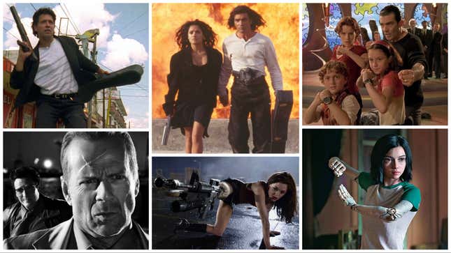 Clockwise from top left: El Mariachi (Columbia Pictures), Desperado (Sony), Spy Kids (Lionsgate), Alita: Battle Angel (Fox), Planet Terror (Scream Factory), Sin City (Paramount)