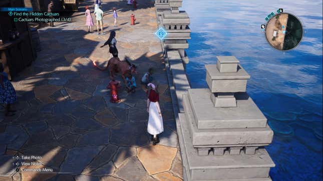 Aerith, Tifa, and Red XIII stand near a fire hydrant with a pink cactuar on it.