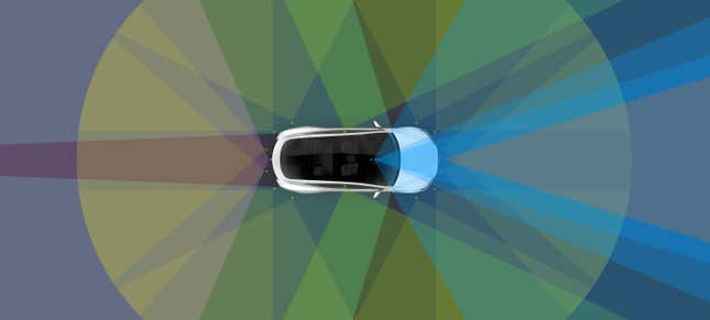 A visualization of how the company’s semi-autonomous Autopilot sees the road.