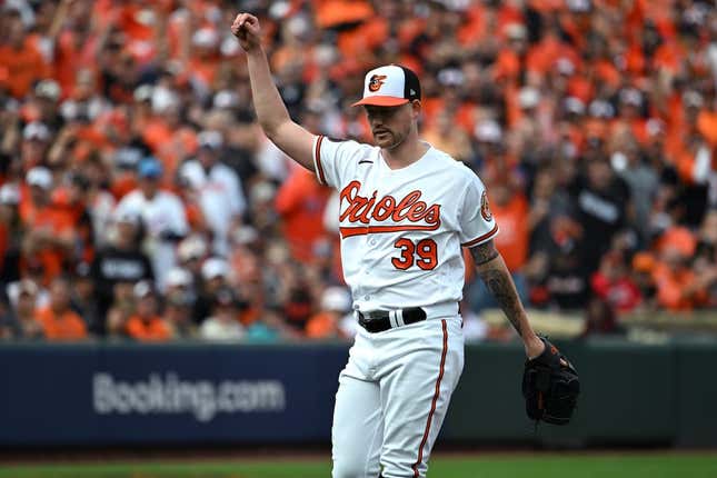 Oct 7, 2023; Baltimore, Maryland, USA; Baltimore Orioles starting pitcher Kyle Bradish (39) reacts after the last out of the top of the first inning was recorded against the Texas Rangers during game one of the ALDS for the 2023 MLB playoffs at Oriole Park at Camden Yards.
