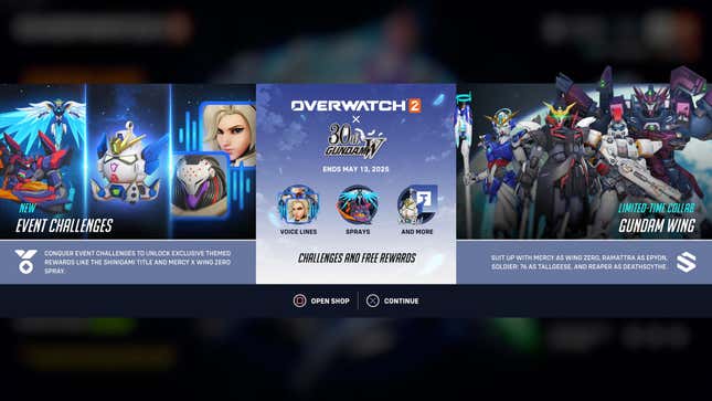 A screenshot shows details of the new Overwatch x Gundam collab.