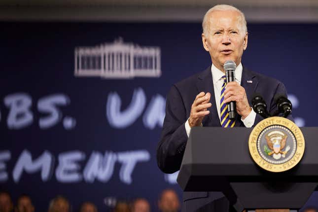 U.S. President Joe Biden speaks to supporters at Max S. Hayes High School on July 6, 2022, in Cleveland, Ohio.