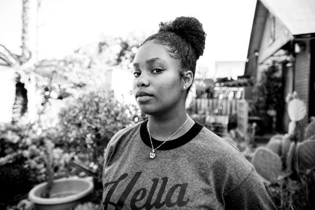 LOS ANGELES, CA - JULY 20: (EDITOR’S NOTE: Image has been converted to black and white) Co-founder of Black Lives Matter Los Angeles Youth Vanguard Thandiwe Abdullah attends ‘Women’s March Los Angeles hosts March For Our Lives LA: Road to Change &amp; the Parkland survivors &amp; activists’ at St. Elmo’s Village on July 20, 2018 in Los Angeles, California. 