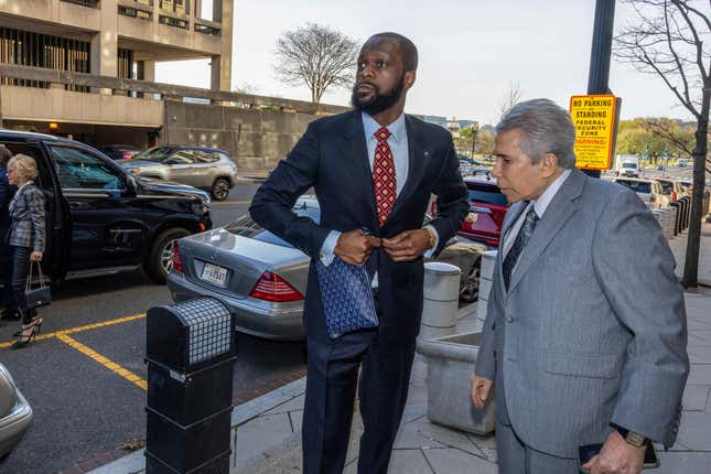 Pras Michel, a member of the 1990&#39;s hip-hop group the Fugees, and his lawyer David Kenner (R) arrive at U.S. District Court on April 3, 2023, in Washington, DC. Michel is on trial for his alleged participation in a campaign finance conspiracy.