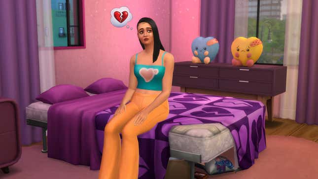 A Sims 4 character sits on a bed crying.