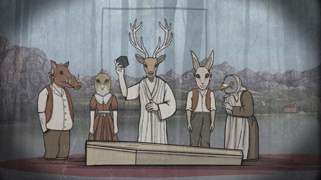 Some animal-headed humanoids stood in a lake, in front of a coffin, with blood pooling around them.