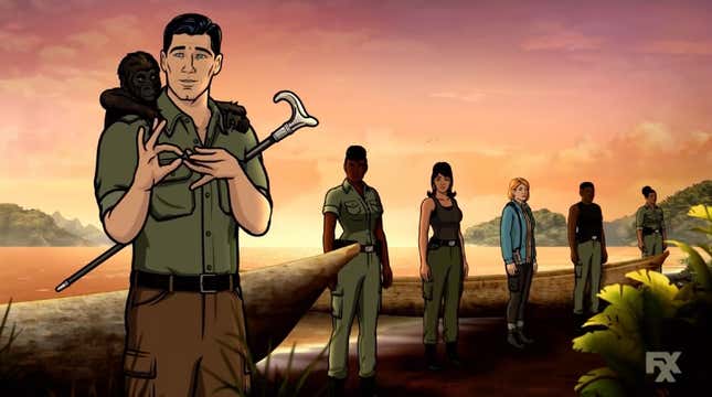 Sterling Archer holds a monkey as the rest of the team looks on.