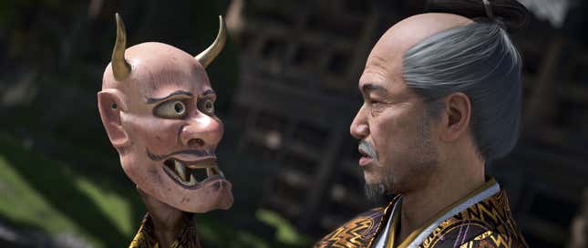A character stares at a mask.