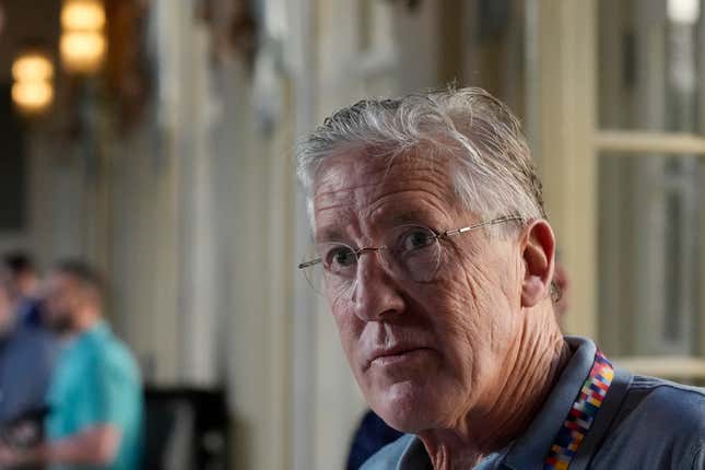 Seattle Seahawks head coach Pete Carroll speaks with reporters during a coaches press availability at the NFL owner’s meeting, Tuesday, March 29, 2022, at The Breakers resort in Palm Beach, Fla.