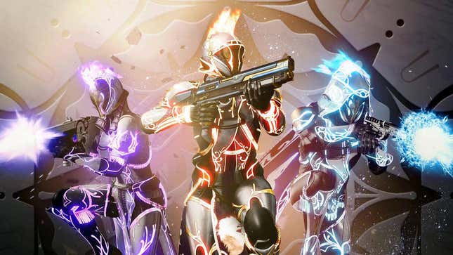 Destiny characters form a three-person squad, their outfits glowing brilliant shades of orange, blue, and purple as they brandish their guns.