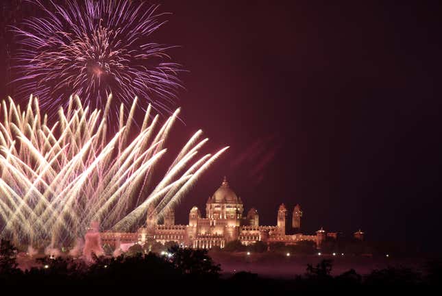 Fireworks explode in the sky over Umaid Bhawan Palace, the venue for the wedding of actress Priyanka Chopra and singer Nick Jonas, in Jodhpur