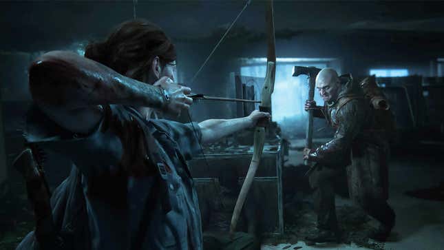 A screenshot shows Ellie aiming her bow at an enemy. 