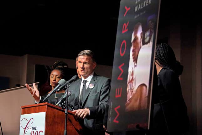 Attorney representing the family of Jayland Walker, Bobby DiCello, center, answers questions from the media following the funeral service for Jayland Walker in Akron, Ohio, Wednesday, July 13, 2022.