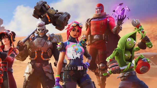 Lineup of Fortnite characters including Magneto, Peabody, and Megolo Don