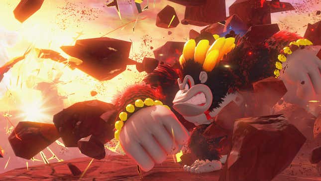 Donkey Kong brise les rochers.