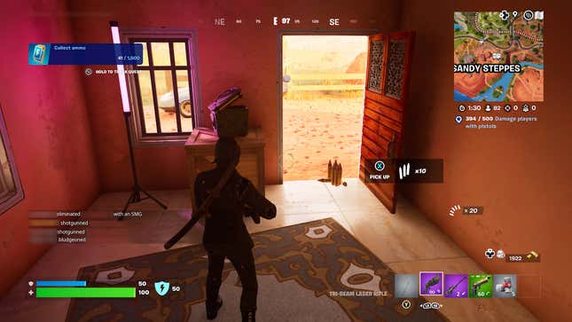 The player character in Fortnite looks at an ammo pickup.