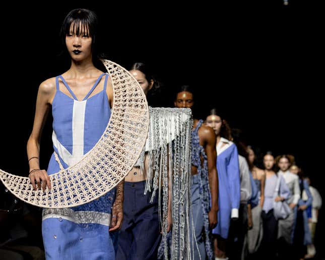 Models walk finale of the runway during the LIE show during Seoul Fashion Week S/S 2025 at Art Hall2 on Sept. 07, 2024, in Seoul, South Korea