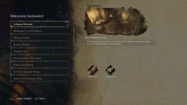 A screenshot of the building upgrade screen in No Rest For The Wicked.