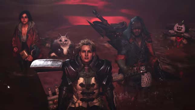 A screenshot of a recent Monster Hunter Wilds trailer showing the main character and some of the supporting cast.