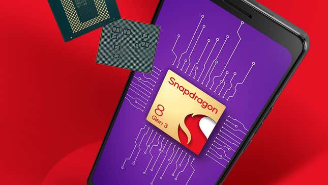 A smartphone on a red background with the Snapdragon 8 Gen 3 logo next to several chips.