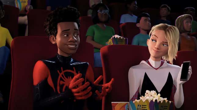 Miles and Gwen sit next to each other in a cinema.