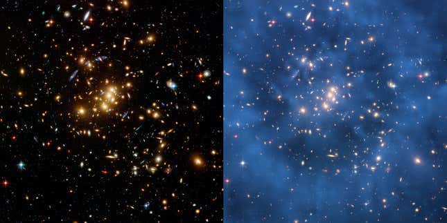 A Hubble image shows gravitational lensing next to a filtered image showing where dark matter probably is.