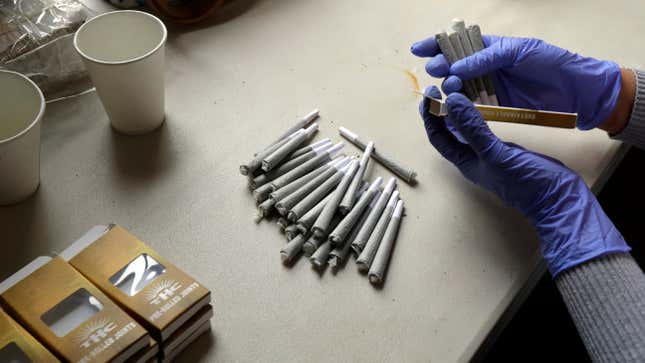 File photo of a worker at the Hollingsworth Cannabis Company packaging pre-rolled marijuana joints near Shelton, Washington.