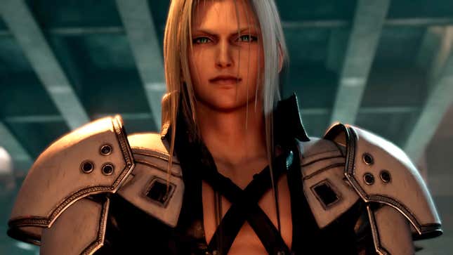 Final Fantasy 7 Remake's Sephiroth stares at the camera with his piercing emerald green eyes.