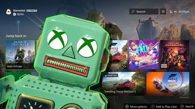 An image of a green-colored robot sits in front of the Xbox Dashboard.