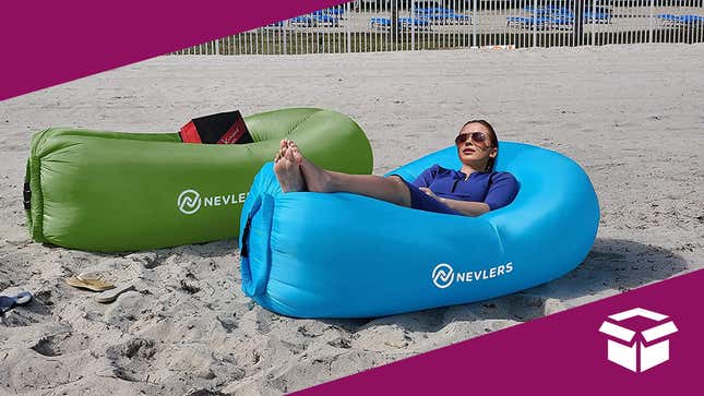 A woman relaxing on the beach in her portable hammock