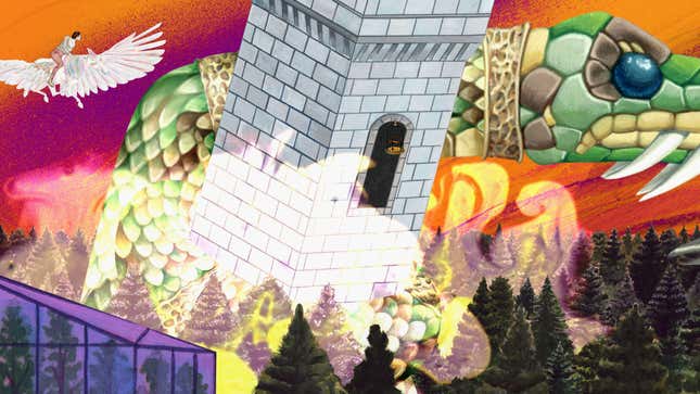 In a scene from animated film Cryptozoo, a tower teeters as a large snake and a woman riding a winged horse fly past.