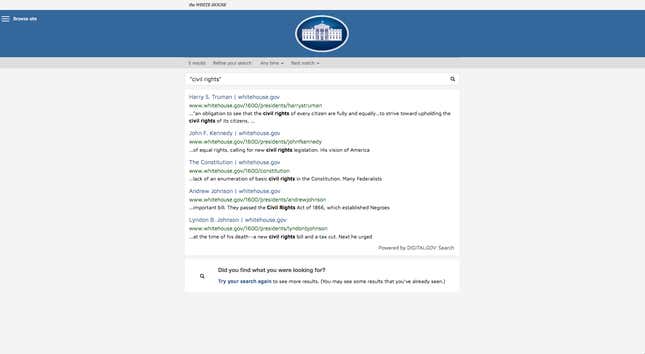 whitehouse.gov search results for “civil rights’ as of Jan, 24, 2017.