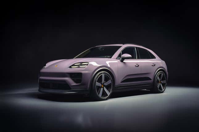 Front 3/4 view of a lavender 2024 Porsche Macan EV