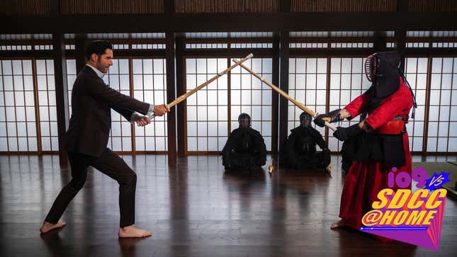 Lucifer (Tom Ellis) engages in some martial-arts sword practice on a season five episode of Netflix's Lucifer.